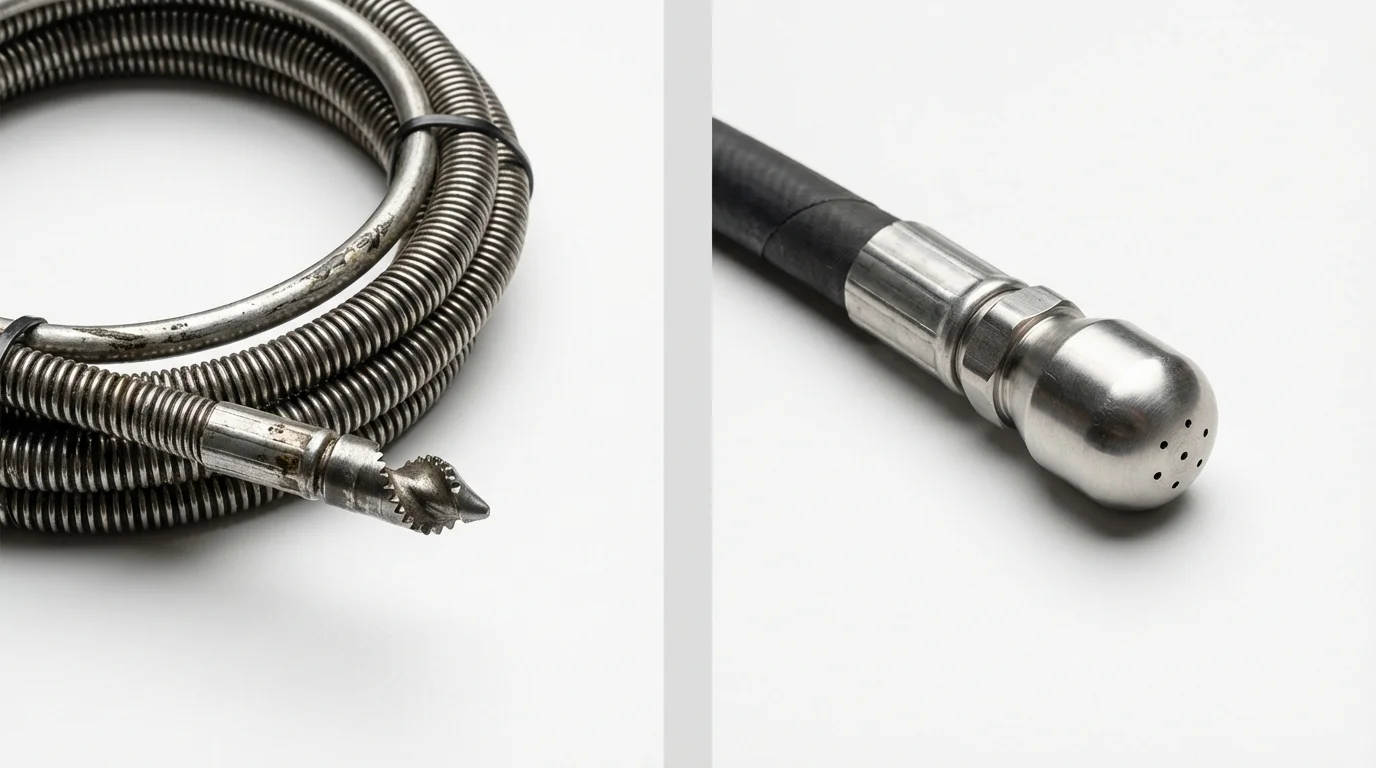 Drain snake cable and hydro jetting nozzle used for drain cleaning in Agua Dulce, TX