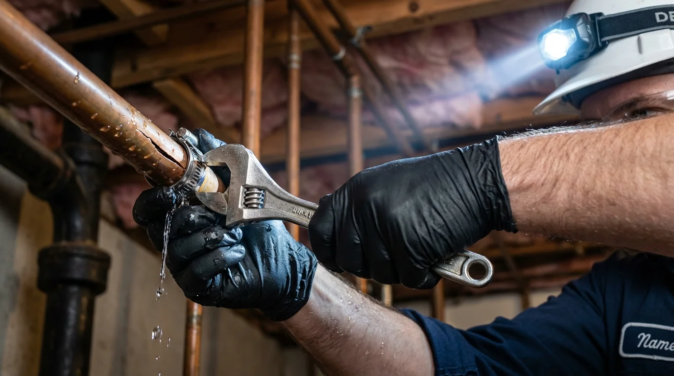 Emergency pipe clamp repair being performed by a Johns Plumbing LLC plumber in Agua Dulce