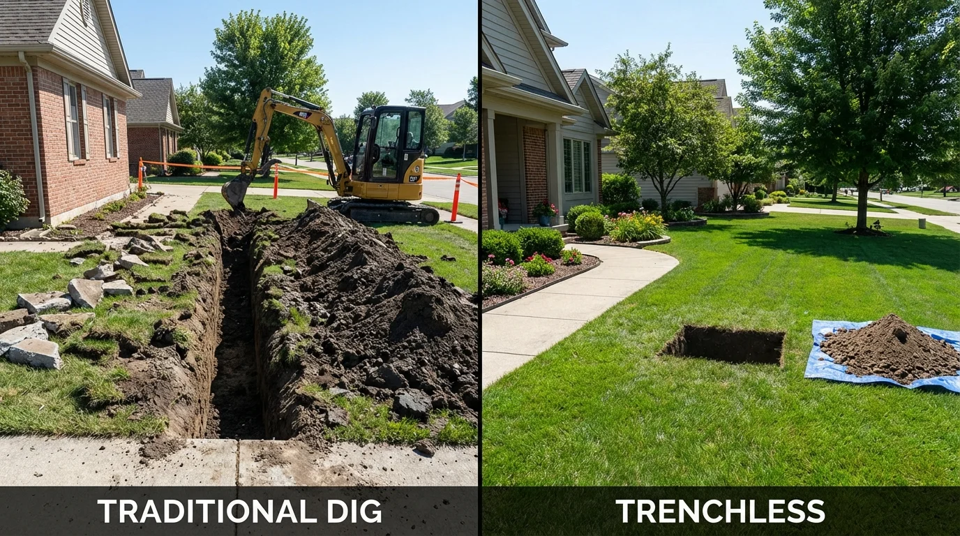Trenchless sewer repair with minimal yard damage versus traditional excavation in Agua Dulce, TX