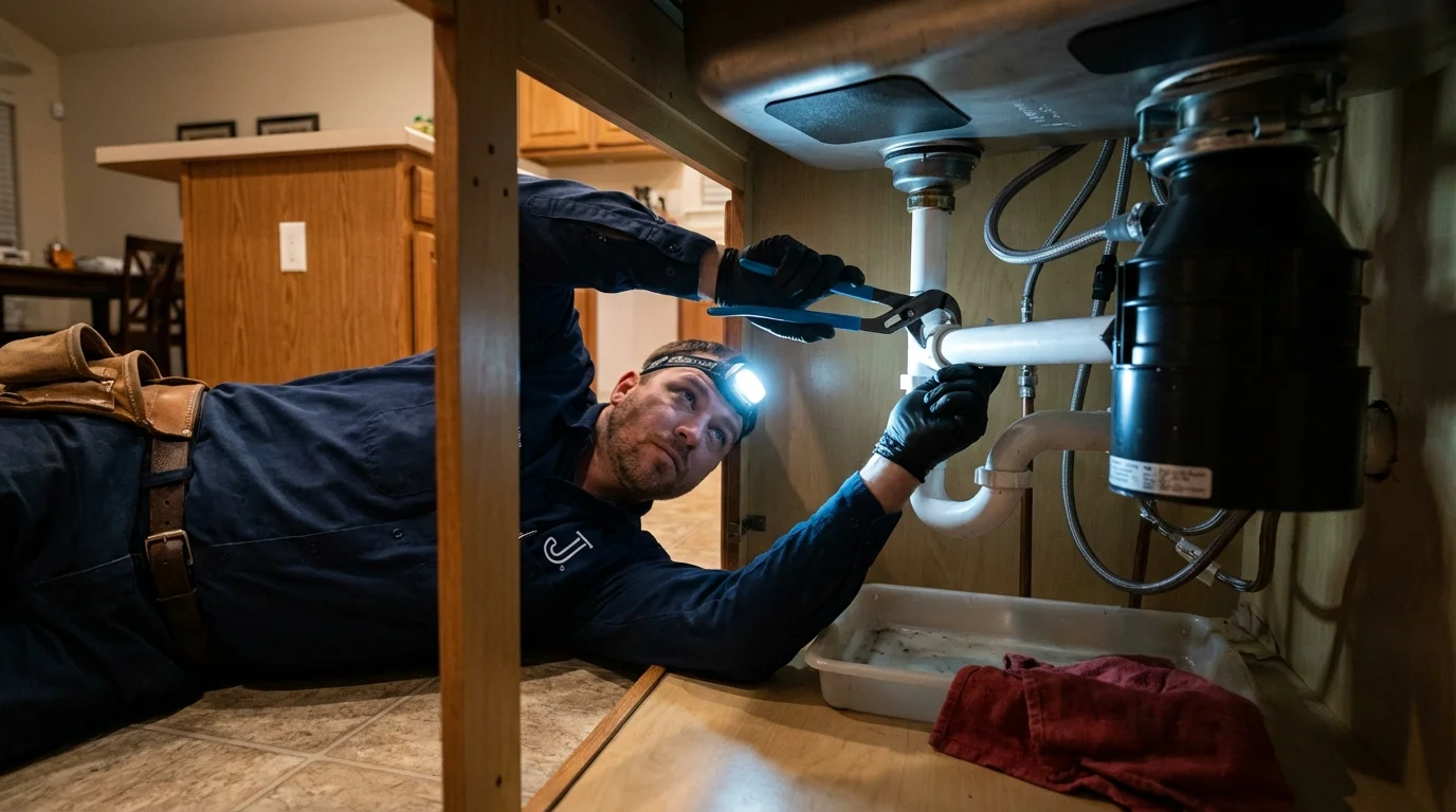 P-trap and supply line connections under a kitchen sink showing a common leak point in Agua Dulce, TX